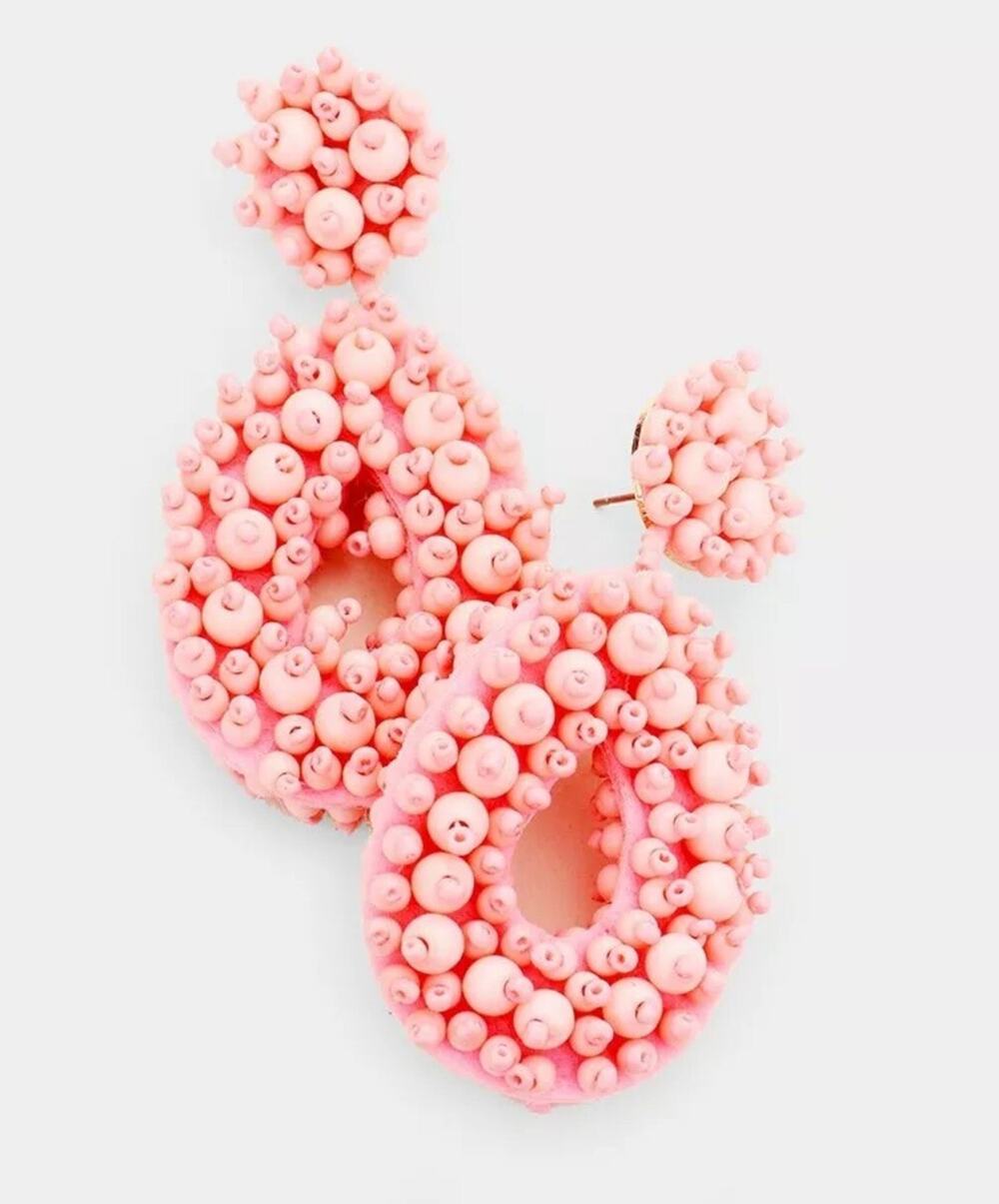 ZARA STYLISH WOMEN'S SEED BEADED OVAL DROP STATEMENT EARRINGS BLUSH PINK